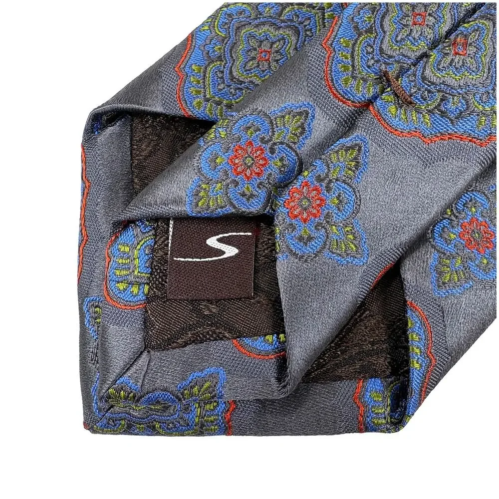 Santorelli Silk Tie Long Gray Green Blue Orange Medallion Made Italy 61 x 3